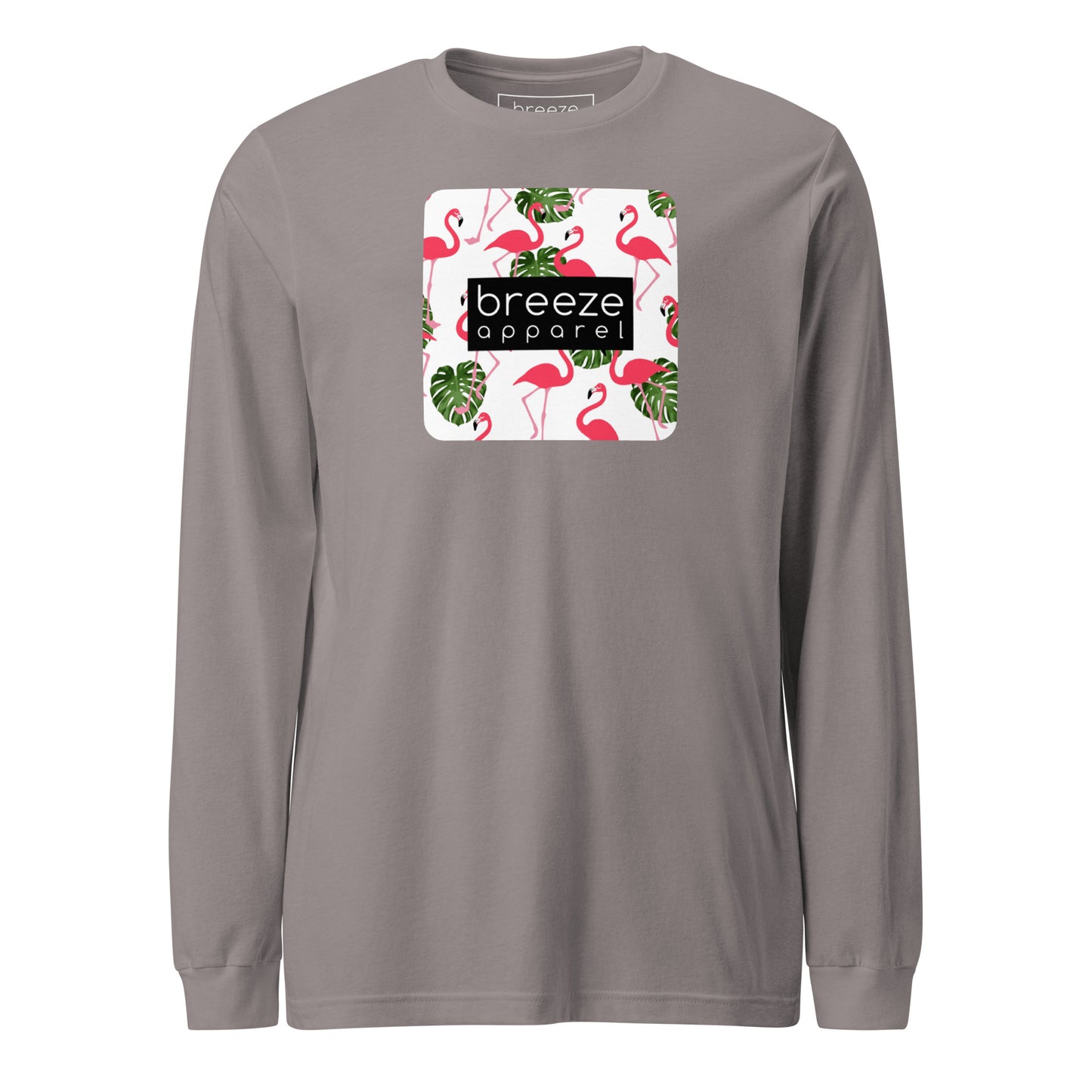 Gray long-sleeved shirt with pattern of flamingos inside of a square, overlaid with a black box with 'breeze apparel' in white inside.
