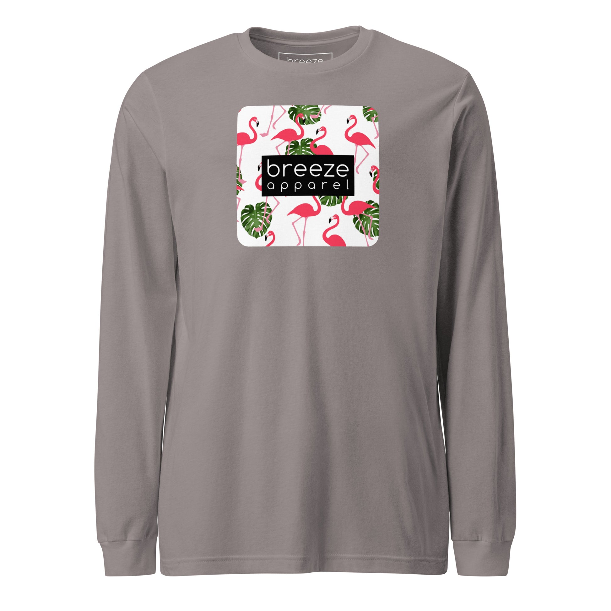 Gray long-sleeved shirt with pattern of flamingos inside of a square, overlaid with a black box with 'breeze apparel' in white inside.