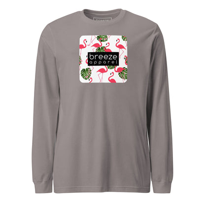 Gray long-sleeved shirt with pattern of flamingos inside of a square, overlaid with a black box with 'breeze apparel' in white inside.