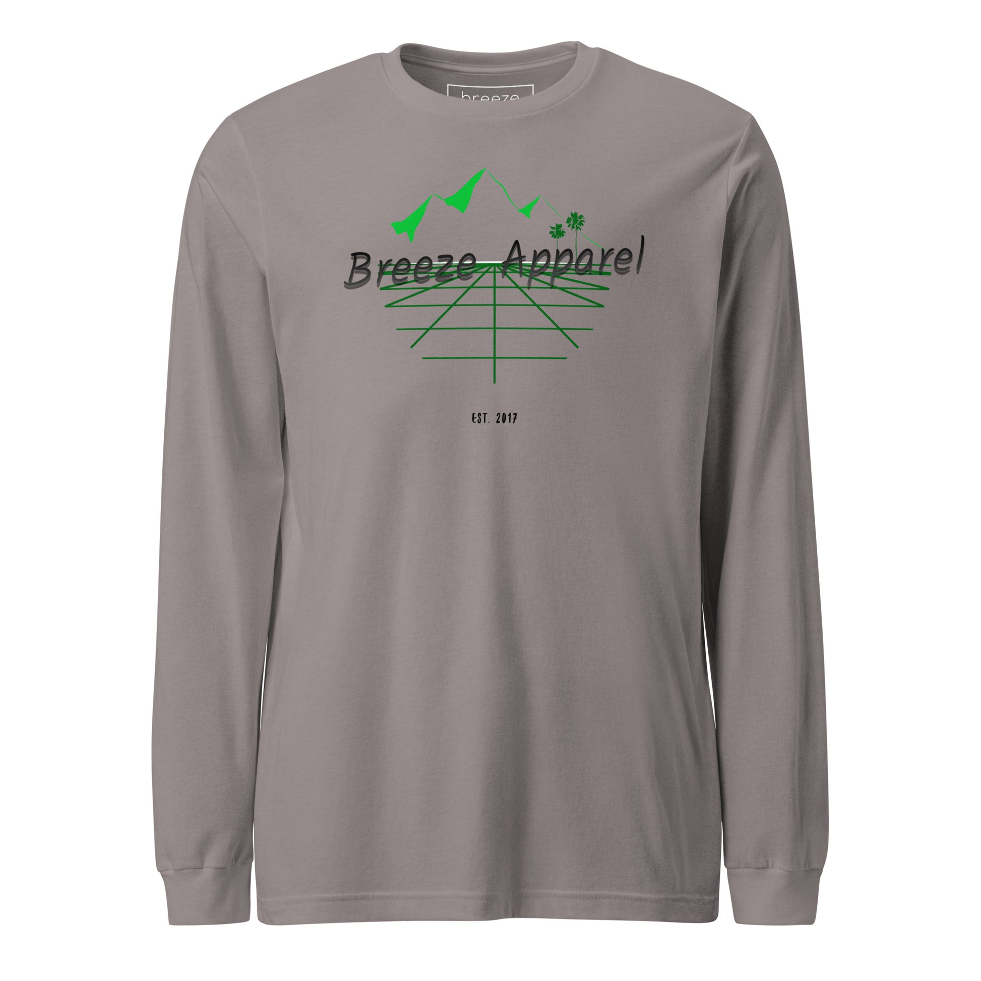 Gray long-sleeved shirt with graphic containing logo, mountains, and palms.