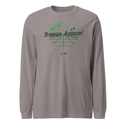Gray long-sleeved shirt with graphic containing logo, mountains, and palms.