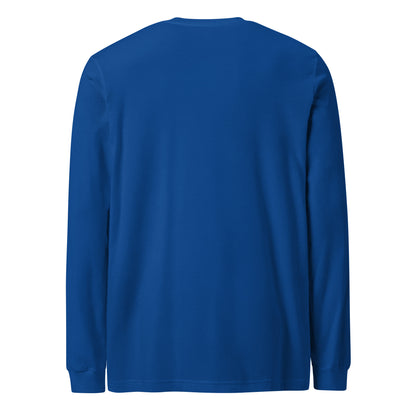Plain back of blue long-sleeved shirt.