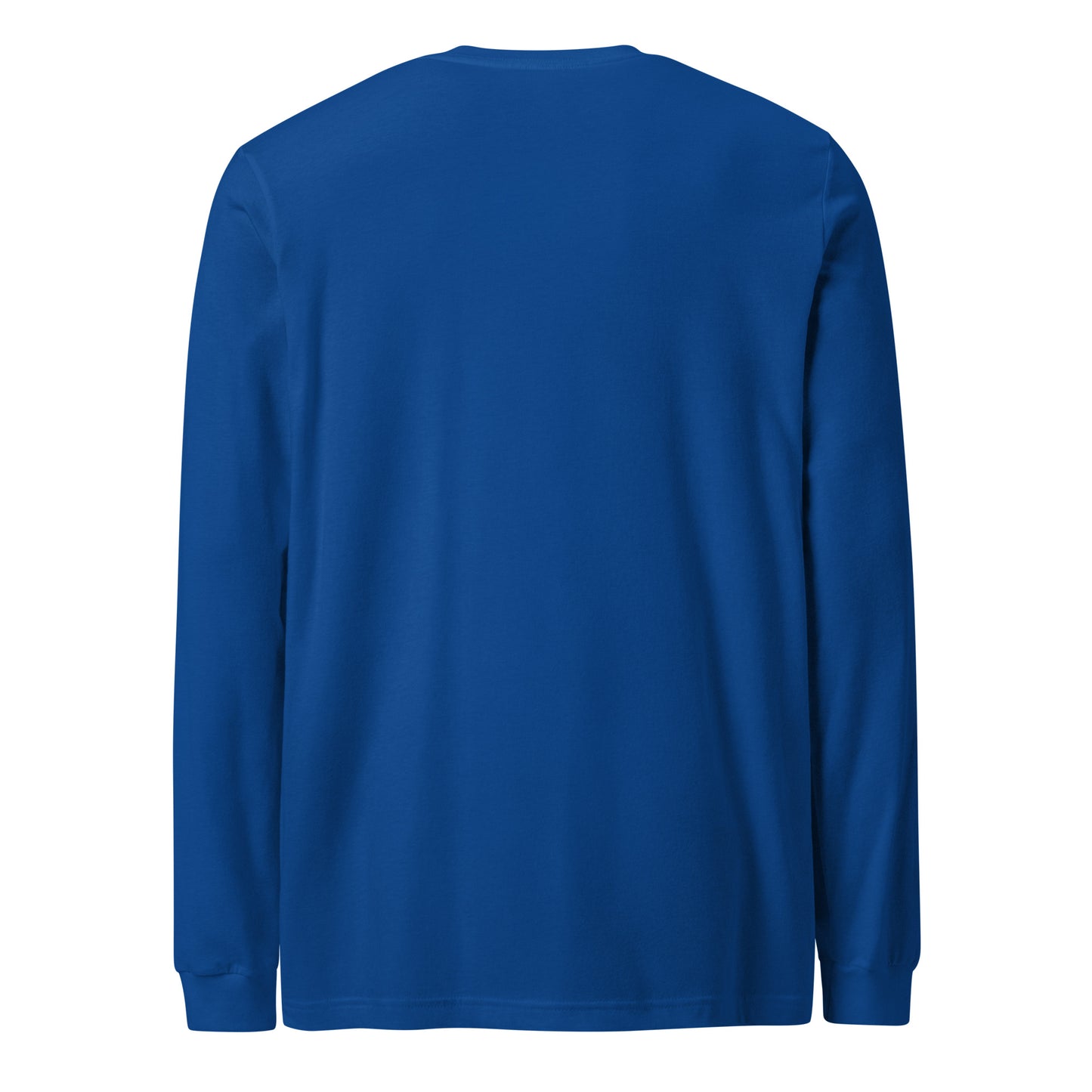 Plain back of blue long-sleeved shirt.