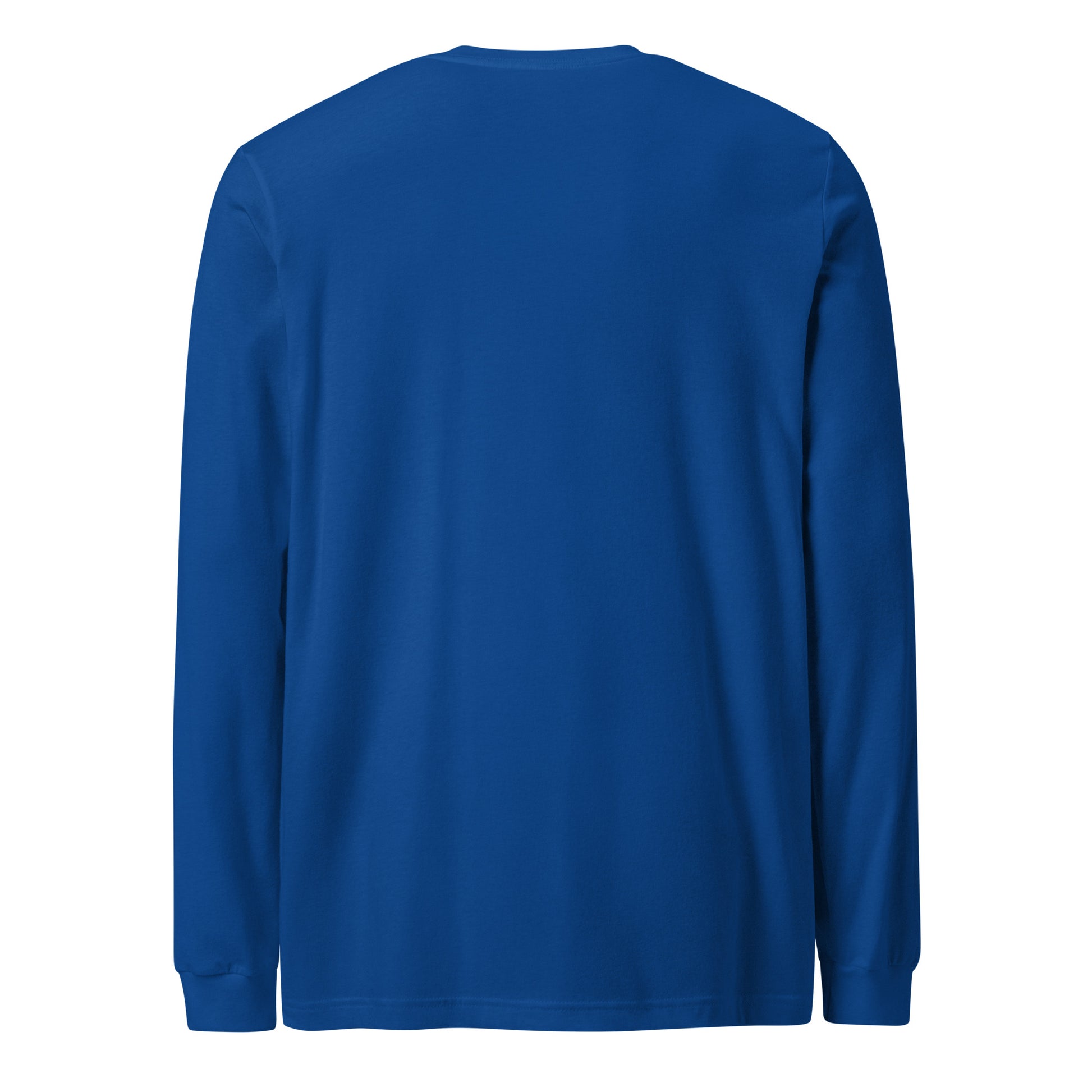 Plain back of blue long-sleeved shirt.