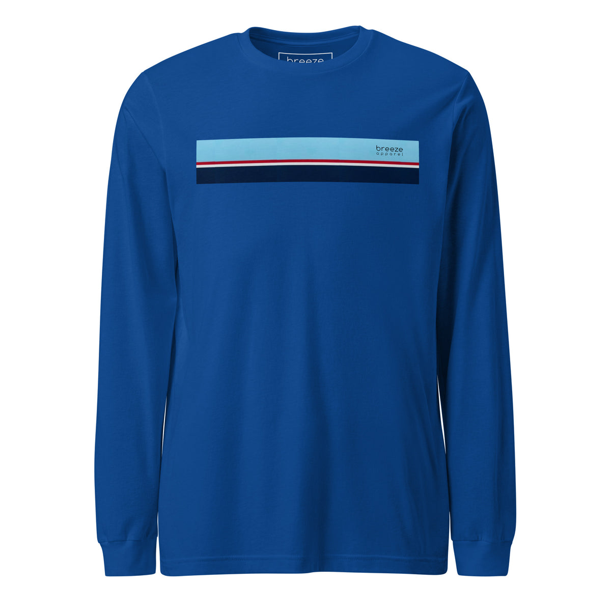 Royal-blue long-sleeved shirt with horizontal blue, red, white, and navy stripe with small black 'breeze apparel' logo