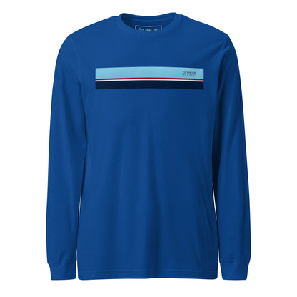 Royal-blue long-sleeved shirt with horizontal blue, red, white, and navy stripe with small black 'breeze apparel' logo