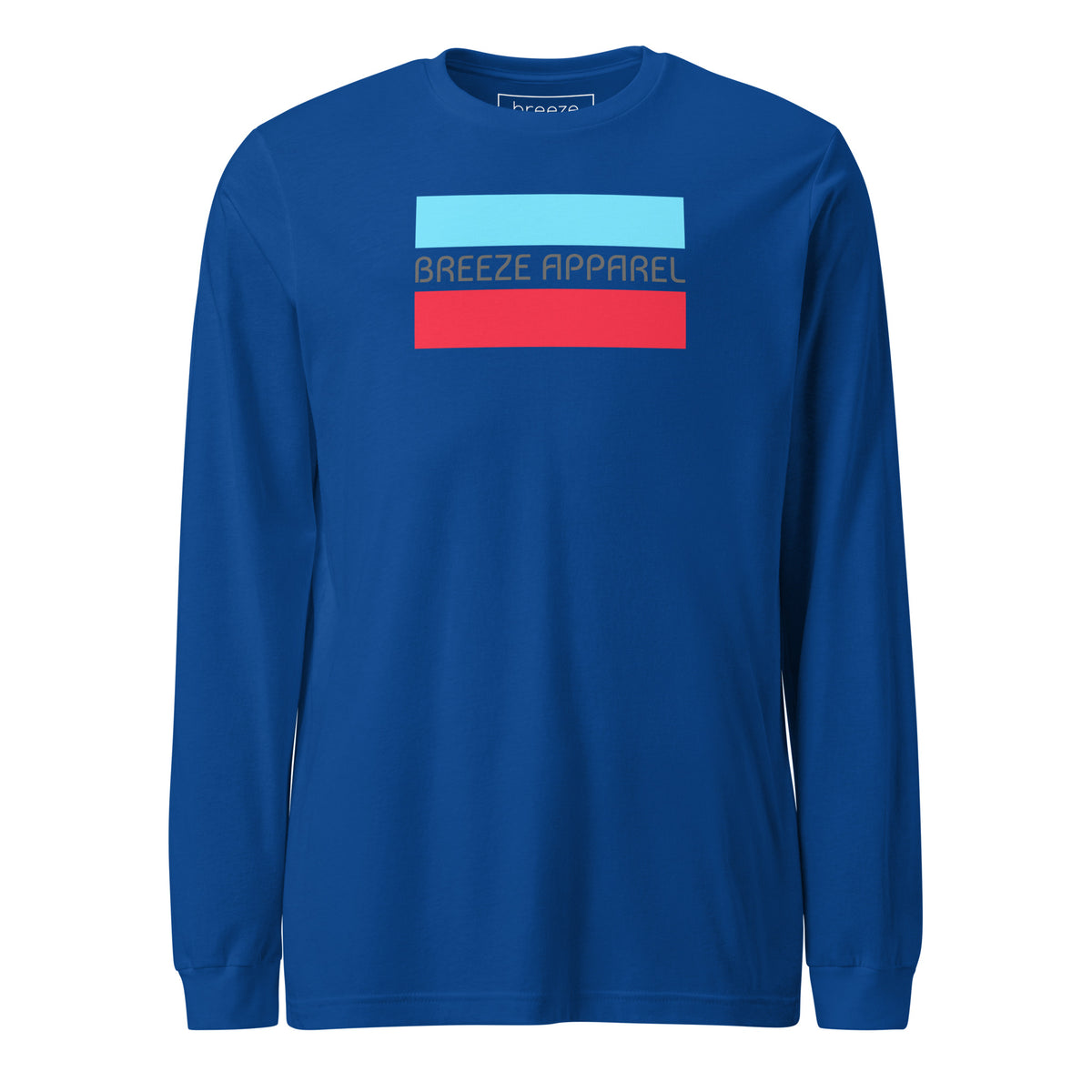 Royal-blue long-sleeved shirt with gray 'Breeze Apparel' logo between horizontal bars, the top being light blue and the bottom being red