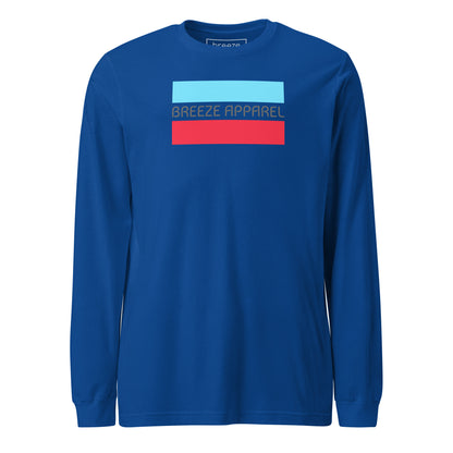 Royal-blue long-sleeved shirt with gray 'Breeze Apparel' logo between horizontal bars, the top being light blue and the bottom being red