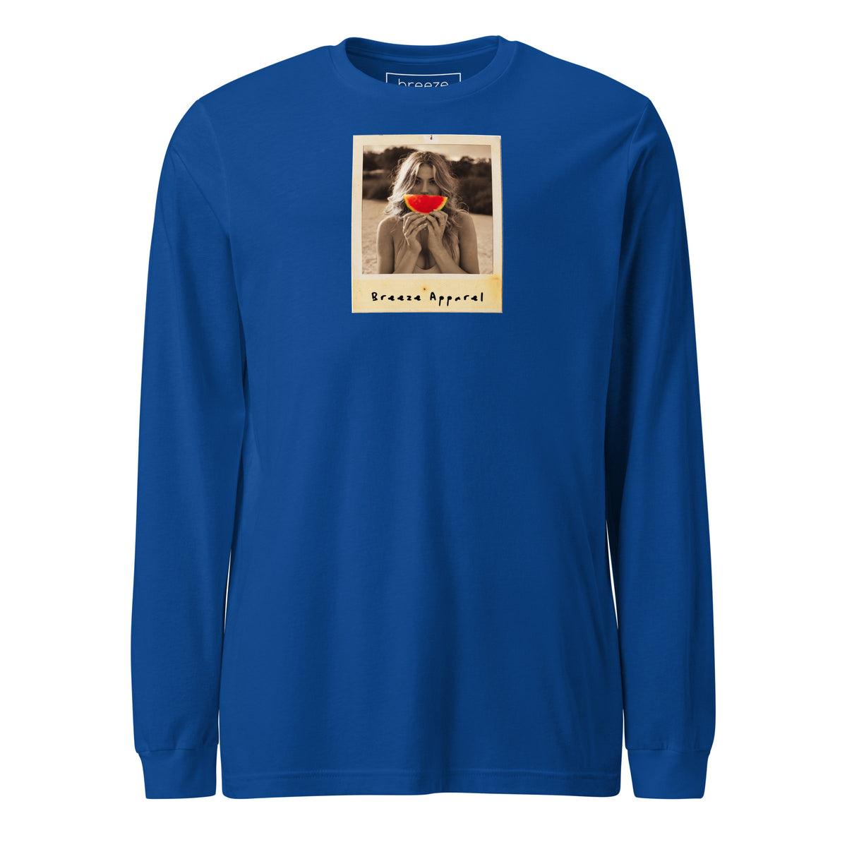 Blue long-sleeved shirt with graphic of woman holding a watermelon slice in front of her mouth.