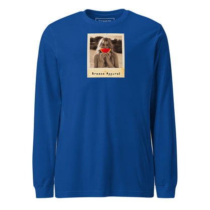 Blue long-sleeved shirt with graphic of woman holding a watermelon slice in front of her mouth.