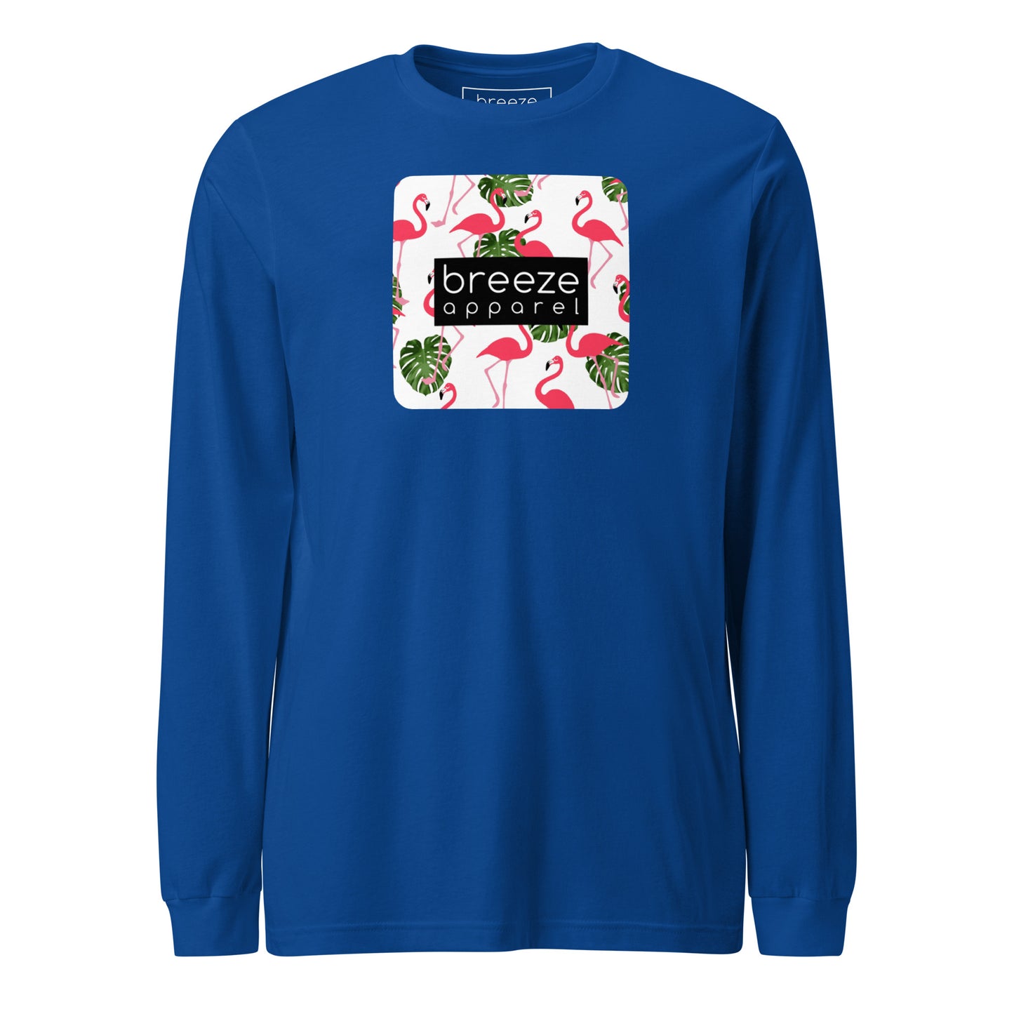 Blue long-sleeved shirt with pattern of flamingos inside of a square, overlaid with a black box with 'breeze apparel' in white inside.