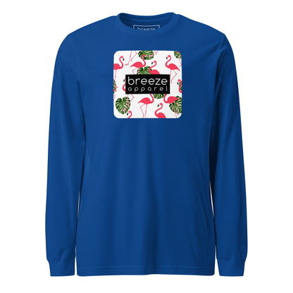 Blue long-sleeved shirt with pattern of flamingos inside of a square, overlaid with a black box with 'breeze apparel' in white inside.