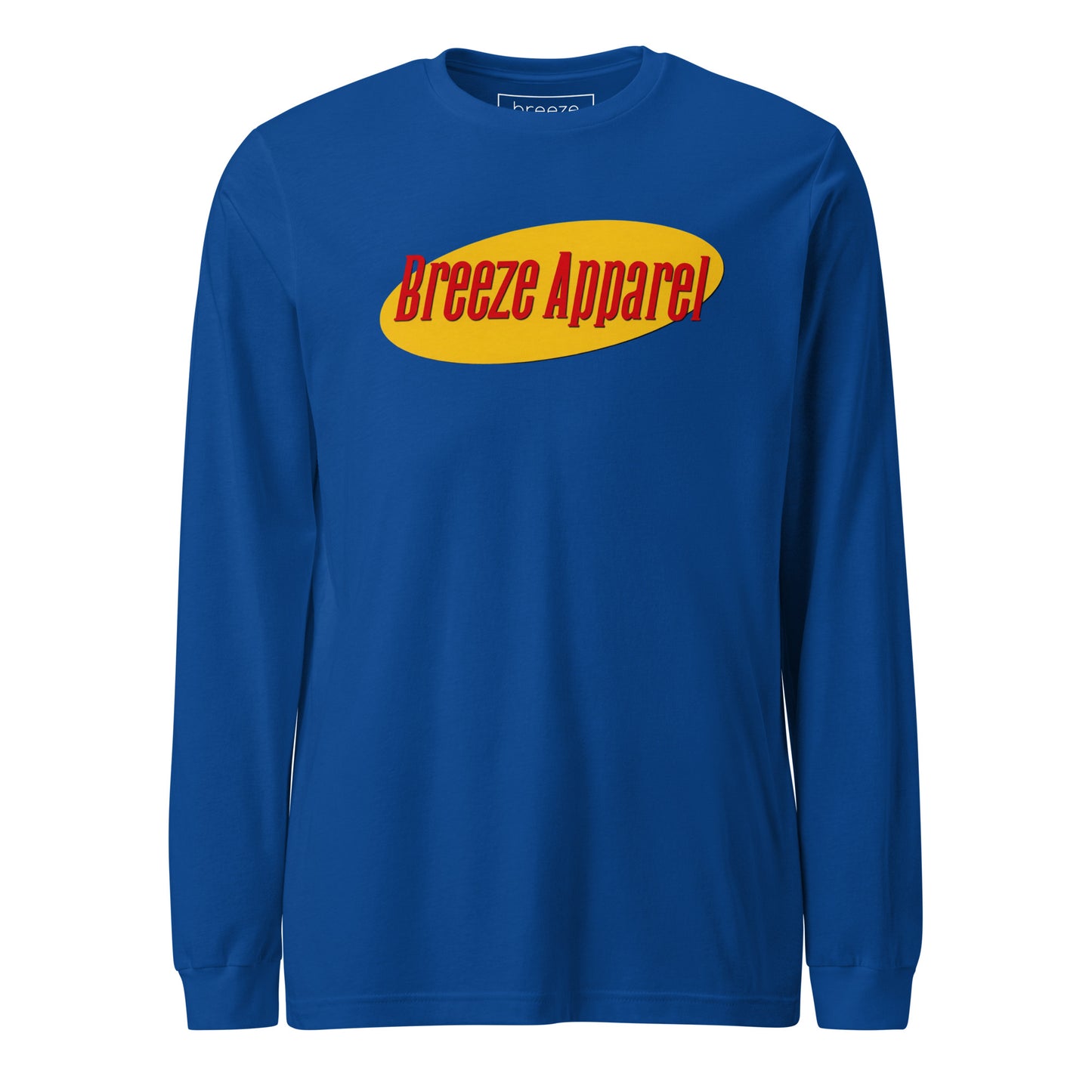 Blue long-sleeved shirt with graphic of "Breeze Apparel" in red set on a yellow oval.