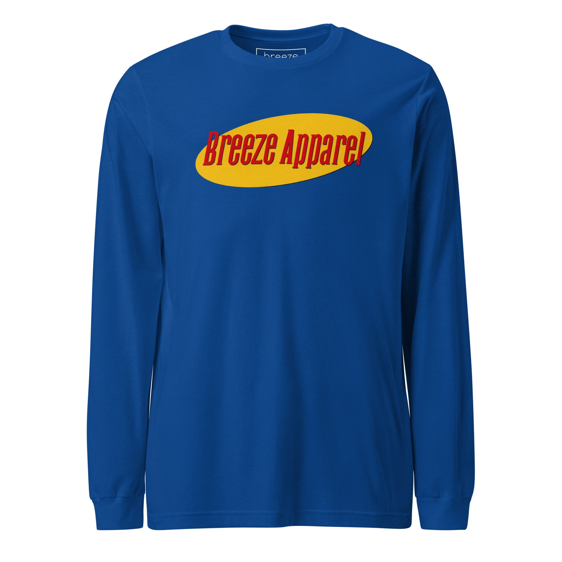 Blue long-sleeved shirt with graphic of "Breeze Apparel" in red set on a yellow oval.