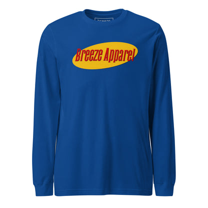Blue long-sleeved shirt with graphic of "Breeze Apparel" in red set on a yellow oval.