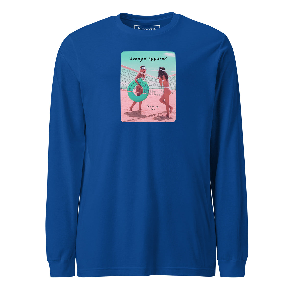 Blue long-sleeved shirt with colorful graphic of two women on the beach.