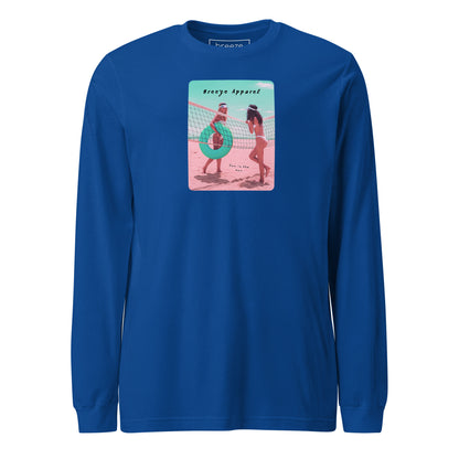 Blue long-sleeved shirt with colorful graphic of two women on the beach.
