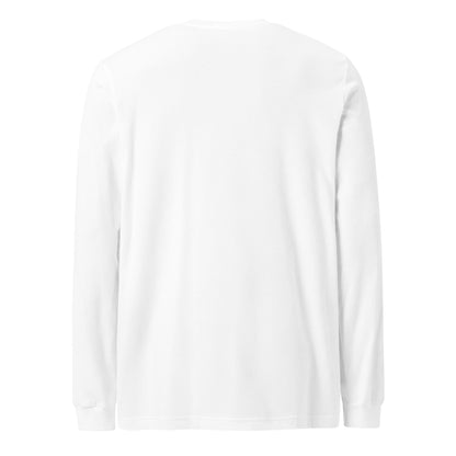 Plain back of white, long-sleeved shirt.