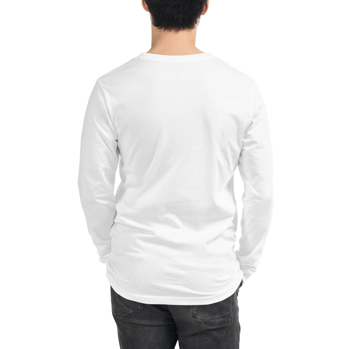 Rear view of man wearing white, long-sleeved shirt.