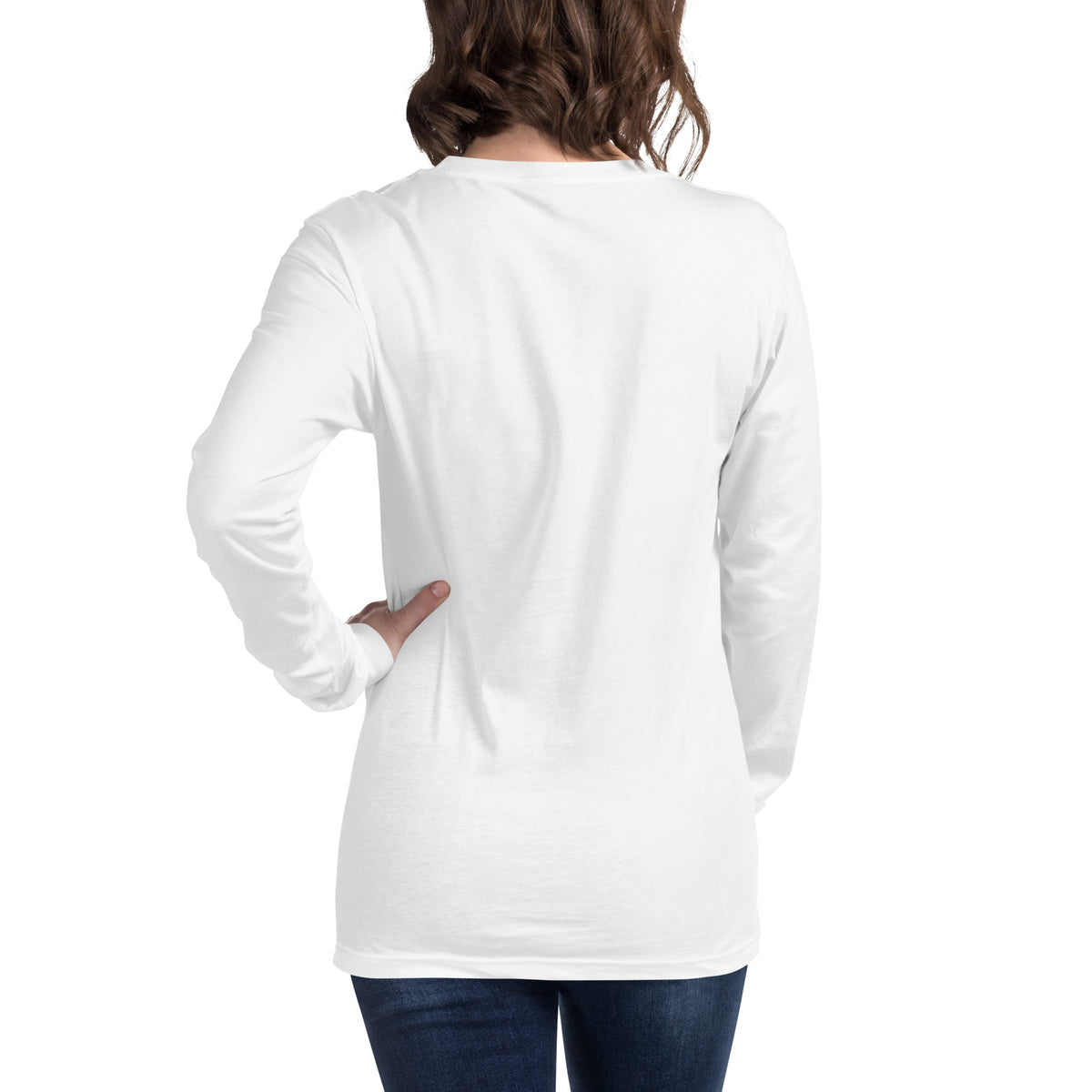 Rear view of woman wearing white, long-sleeved shirt.