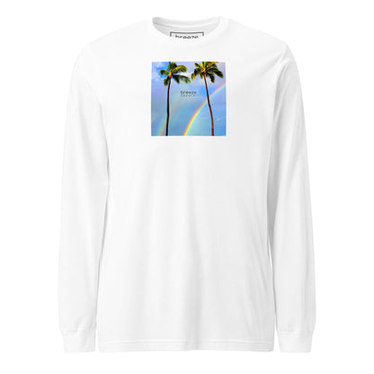 White long-sleeved shirt with a graphic of palm trees, rainbow, and a clear blue sky in the background. A small, black 'breeze apparel' logo is between the trees.