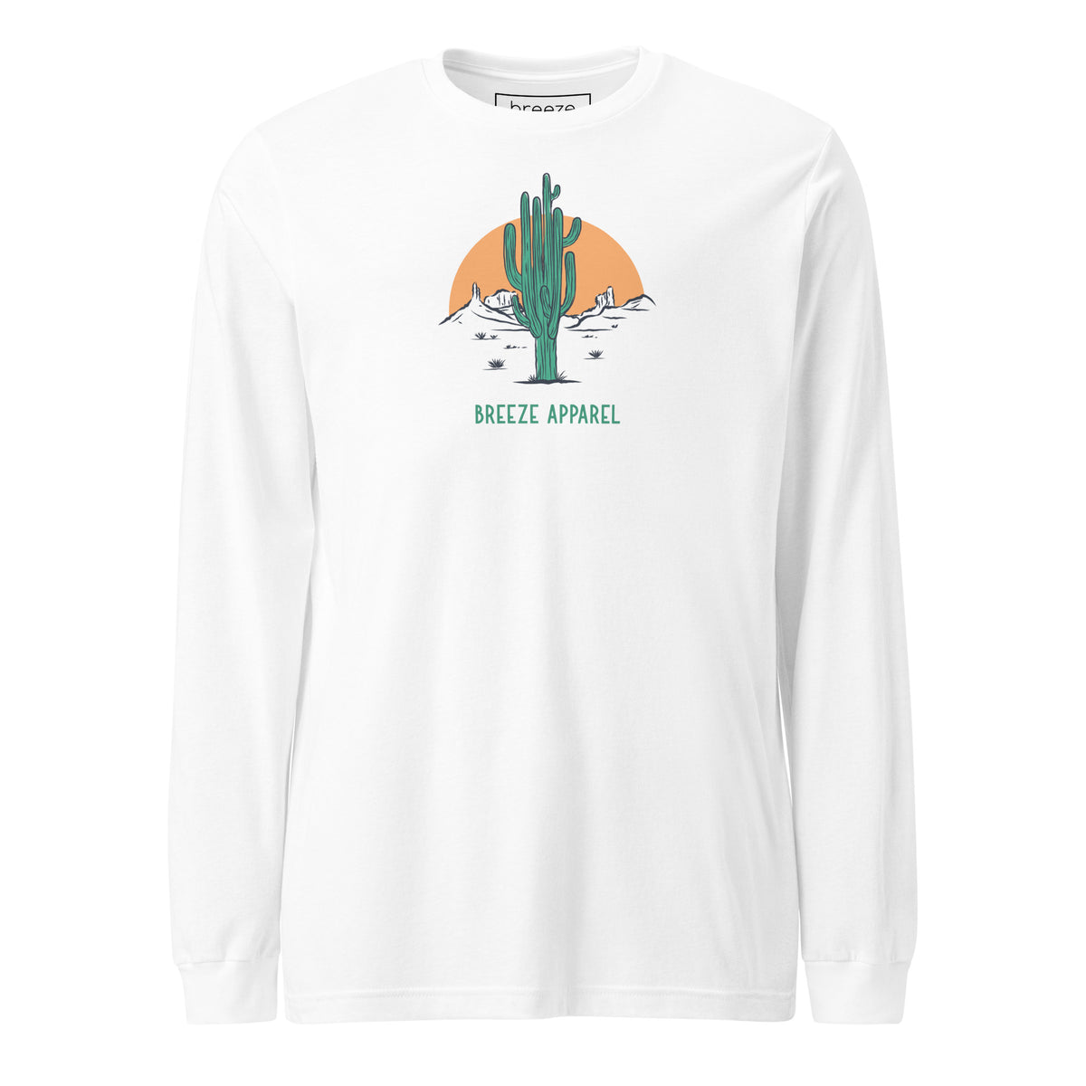 White long-sleeved shirt with a graphic of a cactus and sunset, with 'Breeze Apparel' written in green below.