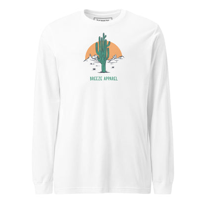 White long-sleeved shirt with a graphic of a cactus and sunset, with 'Breeze Apparel' written in green below.