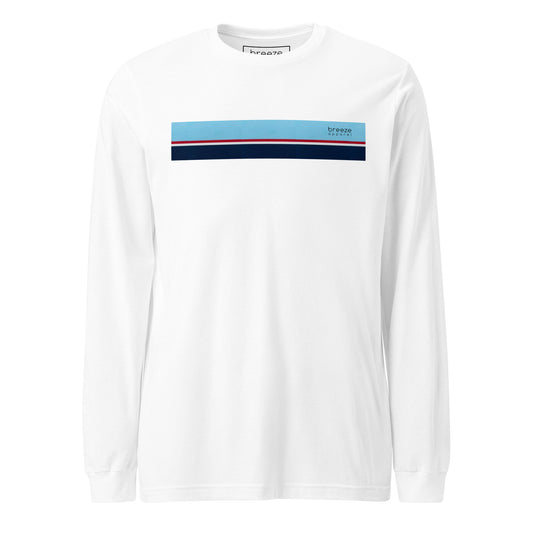 White long-sleeved shirt with horizontal blue, red, white, and navy stripe with small black 'breeze apparel' logo