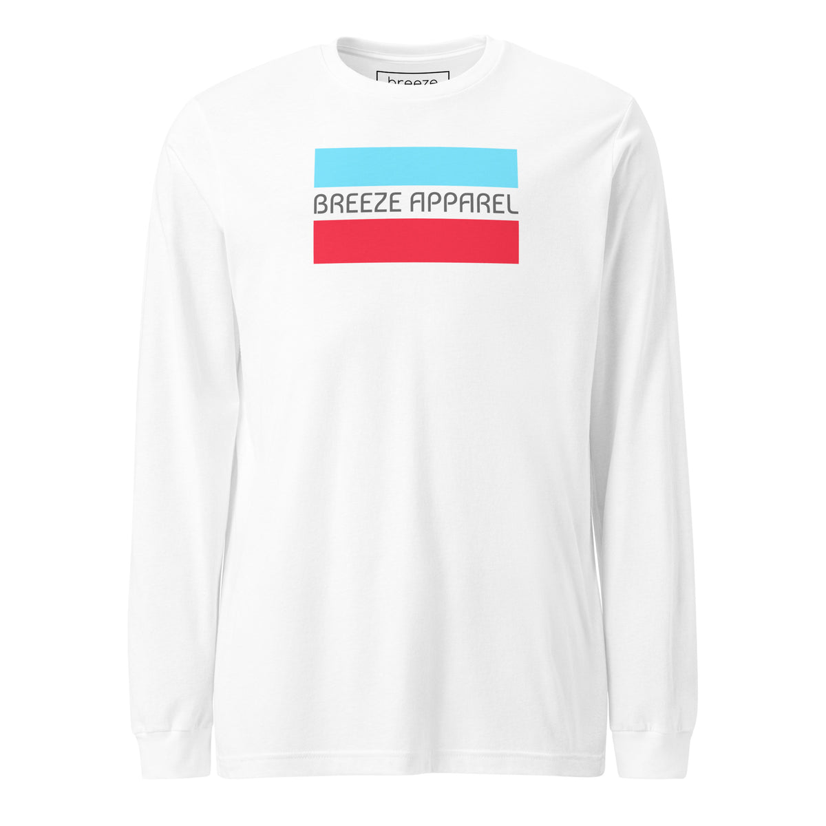 White long-sleeved shirt with gray 'Breeze Apparel' logo between horizontal bars, the top being light blue and the bottom being red