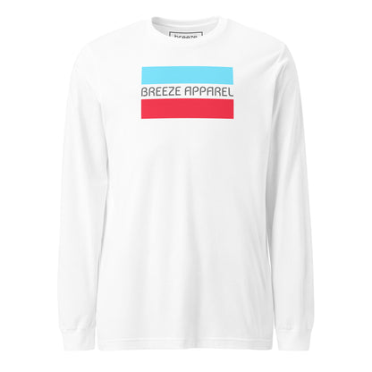 White long-sleeved shirt with gray 'Breeze Apparel' logo between horizontal bars, the top being light blue and the bottom being red