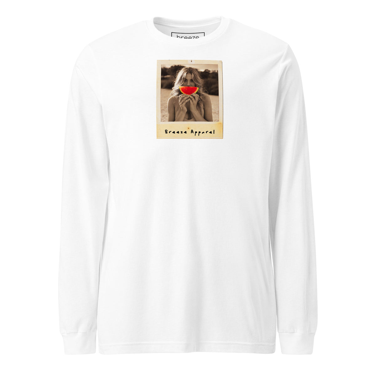 White long-sleeved shirt with graphic of woman holding a watermelon slice in front of her mouth.