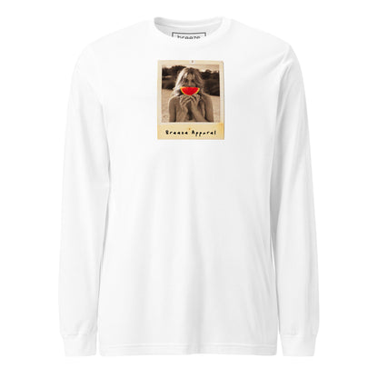 White long-sleeved shirt with graphic of woman holding a watermelon slice in front of her mouth.