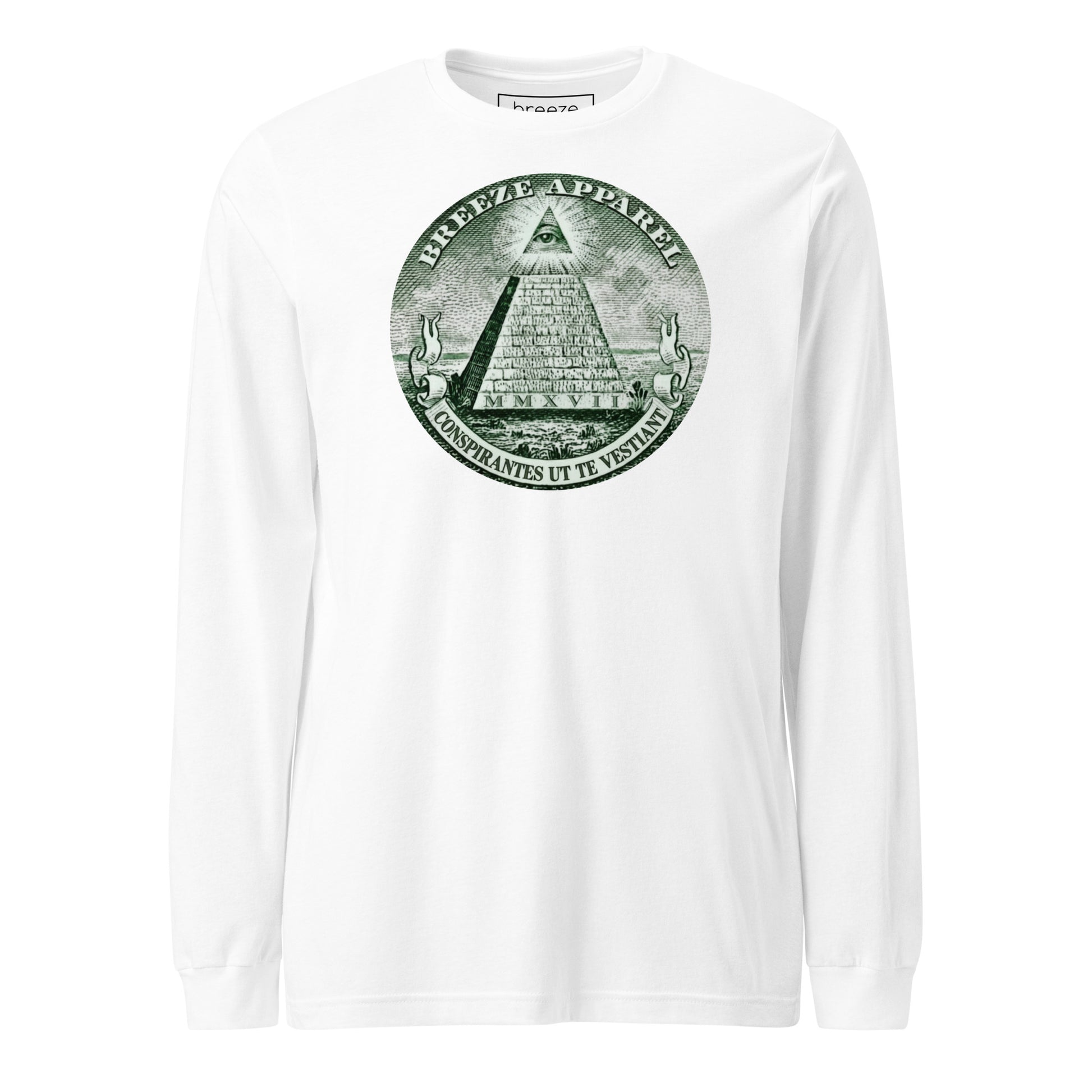 White, long-sleeved shirt with graphic resembling pyramid from US one-dollar bill.