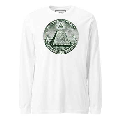 White, long-sleeved shirt with graphic resembling pyramid from US one-dollar bill.