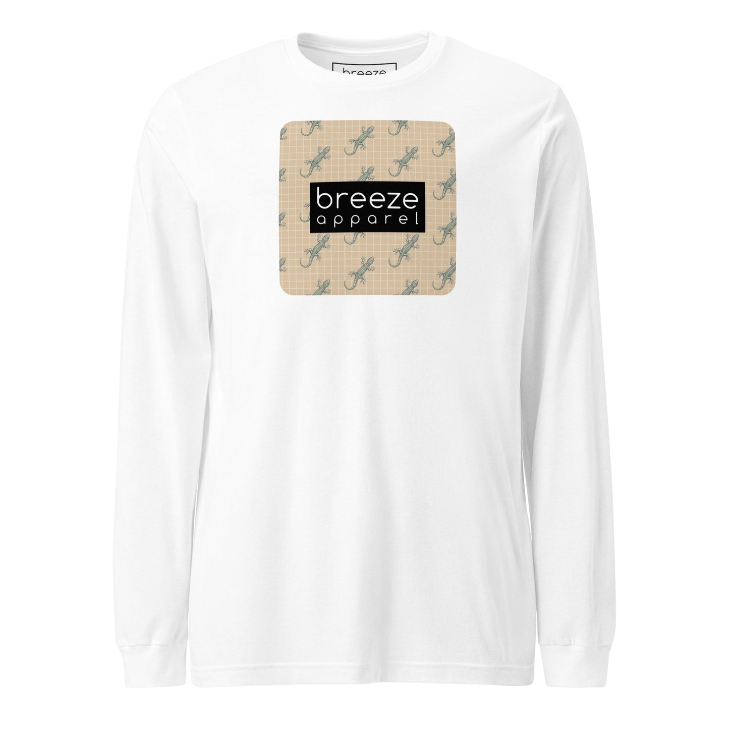 White, long-sleeved shirt with square over chest that contains pattern of green geckos set on beige background, overlaid with black, rectangular logo with white lettering.