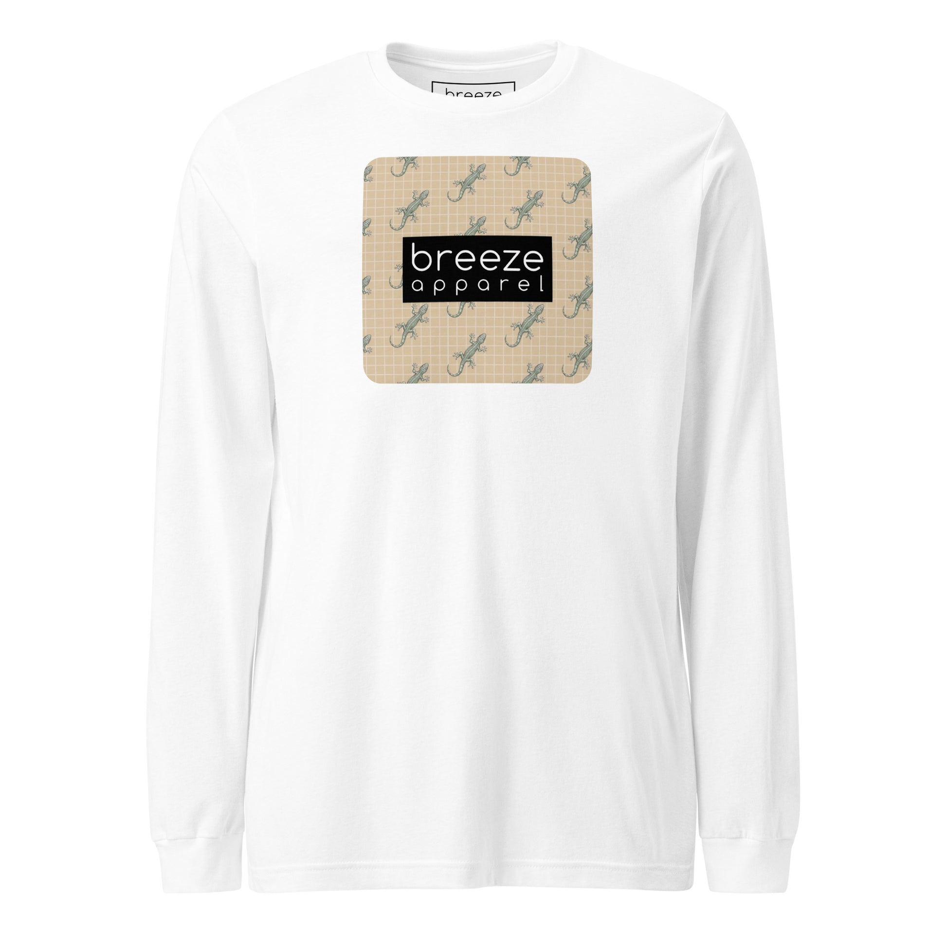 White, long-sleeved shirt with square over chest that contains pattern of green geckos set on beige background, overlaid with black, rectangular logo with white lettering.