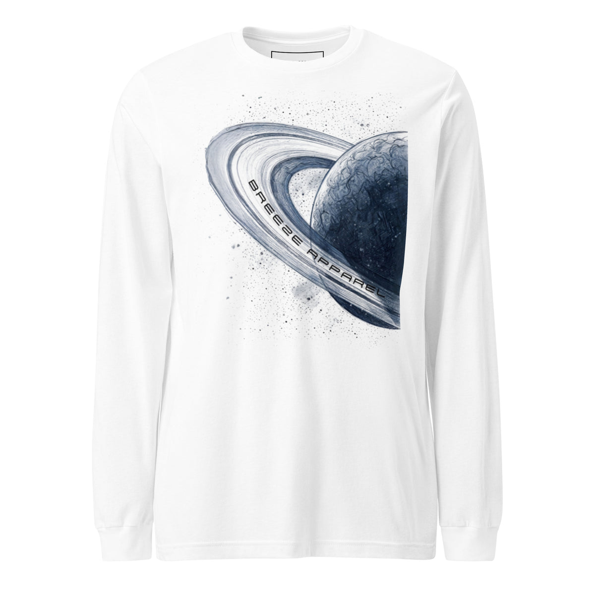 White, long-sleeved shirt with graphic of blue planet.