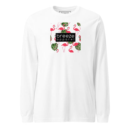 White long-sleeved shirt with pattern of flamingos inside of a square, overlaid with a black box with 'breeze apparel' in white inside.