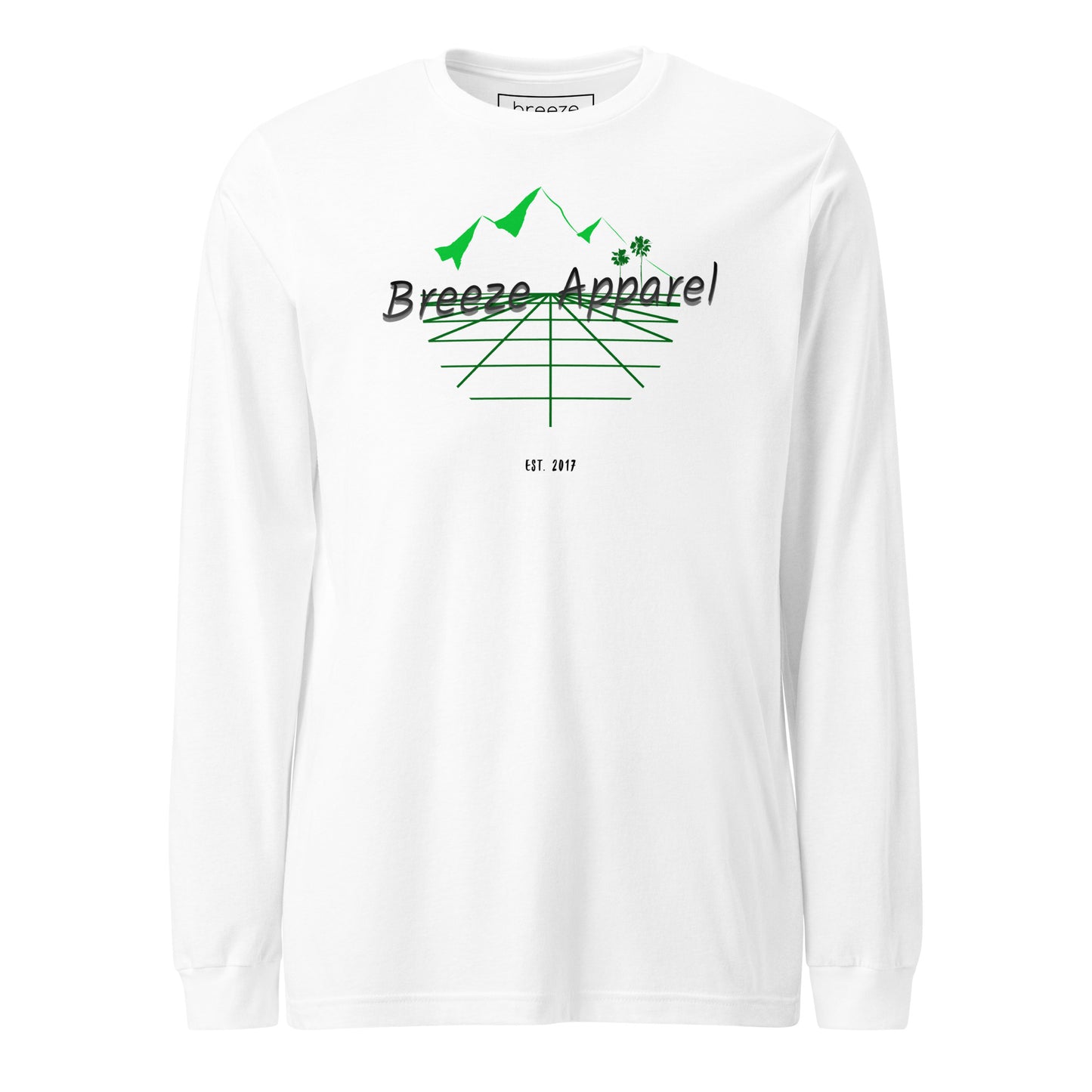 White long-sleeved shirt with graphic containing logo, mountains, and palms.