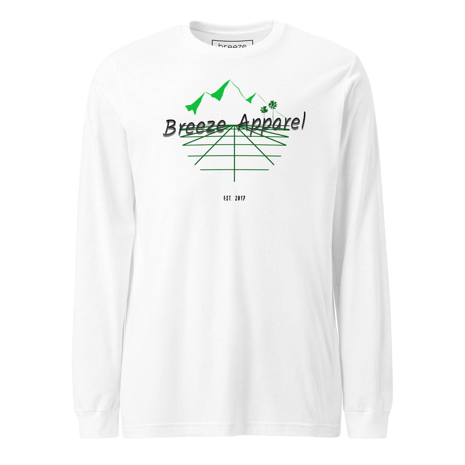White long-sleeved shirt with graphic containing logo, mountains, and palms.
