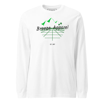 White long-sleeved shirt with graphic containing logo, mountains, and palms.