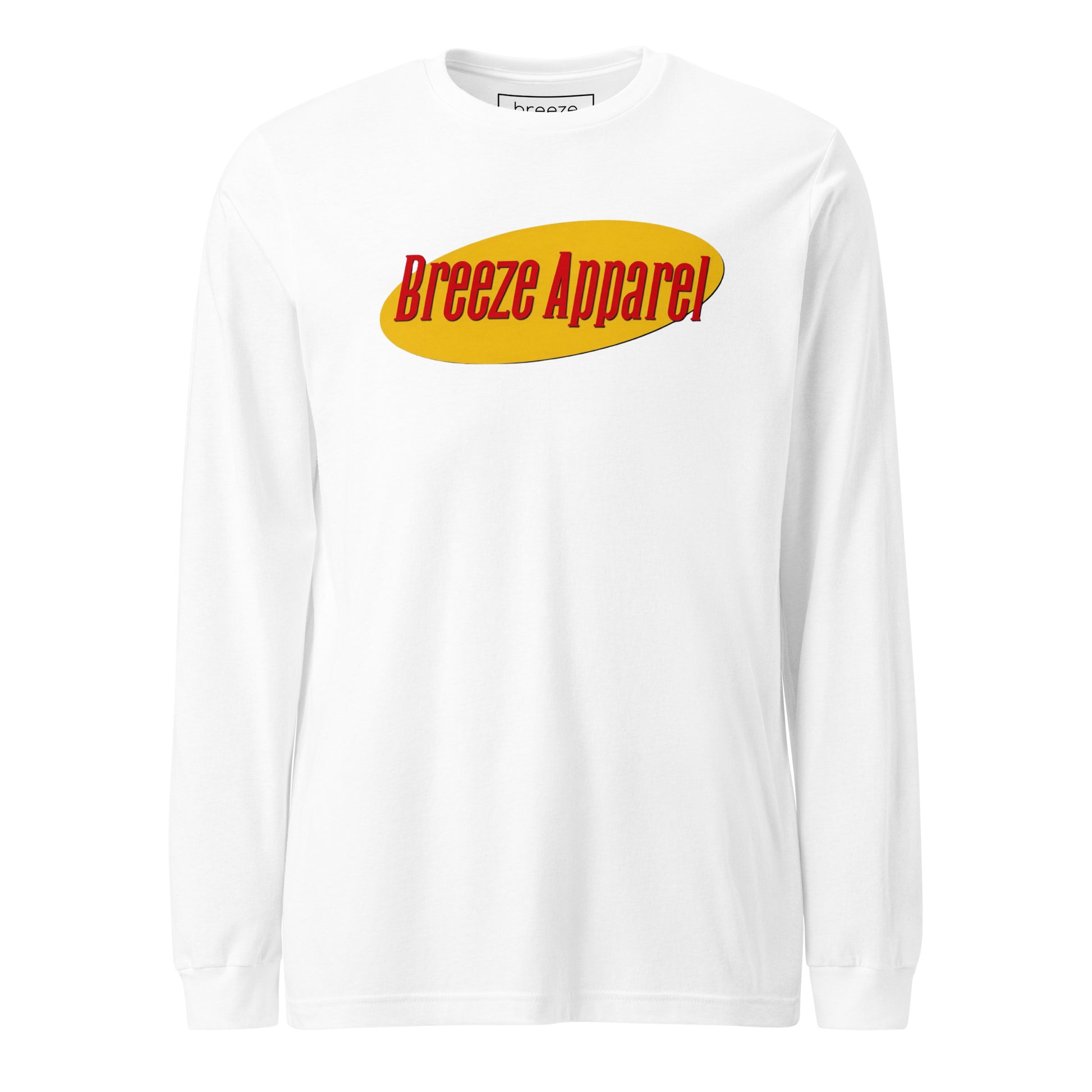White long-sleeved shirt with graphic of "Breeze Apparel" in red set on a yellow oval.