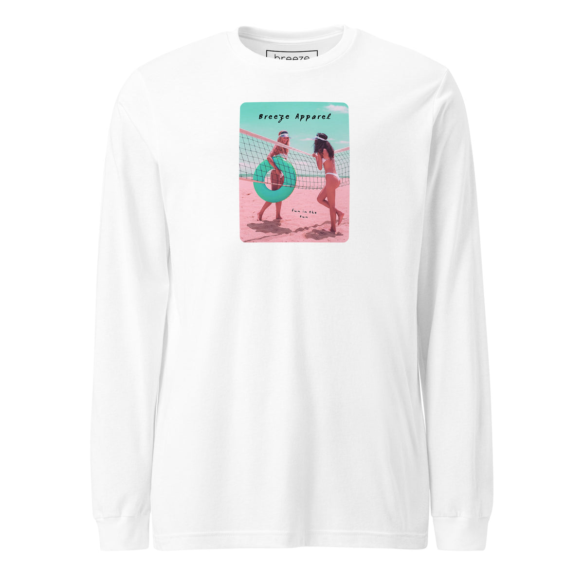 White long-sleeved shirt with colorful graphic of two women on the beach.