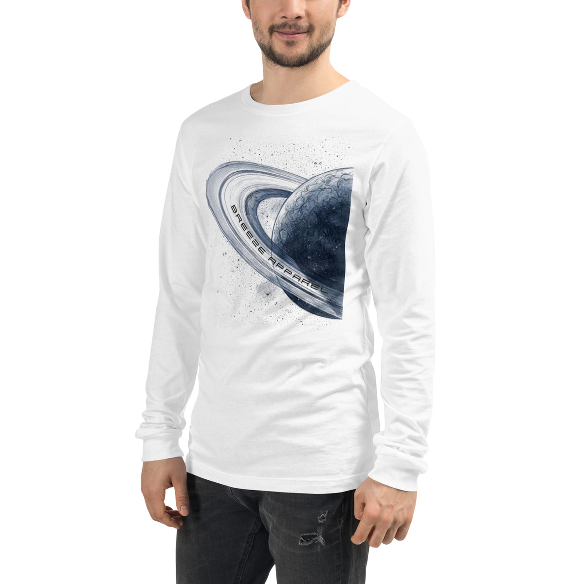 Man wearing white, long-sleeved shirt with graphic of blue planet.