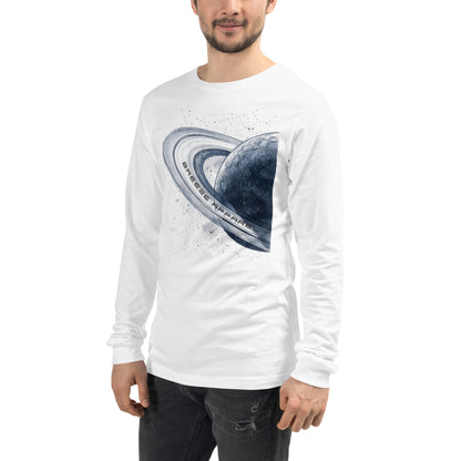 Man wearing white, long-sleeved shirt with graphic of blue planet.