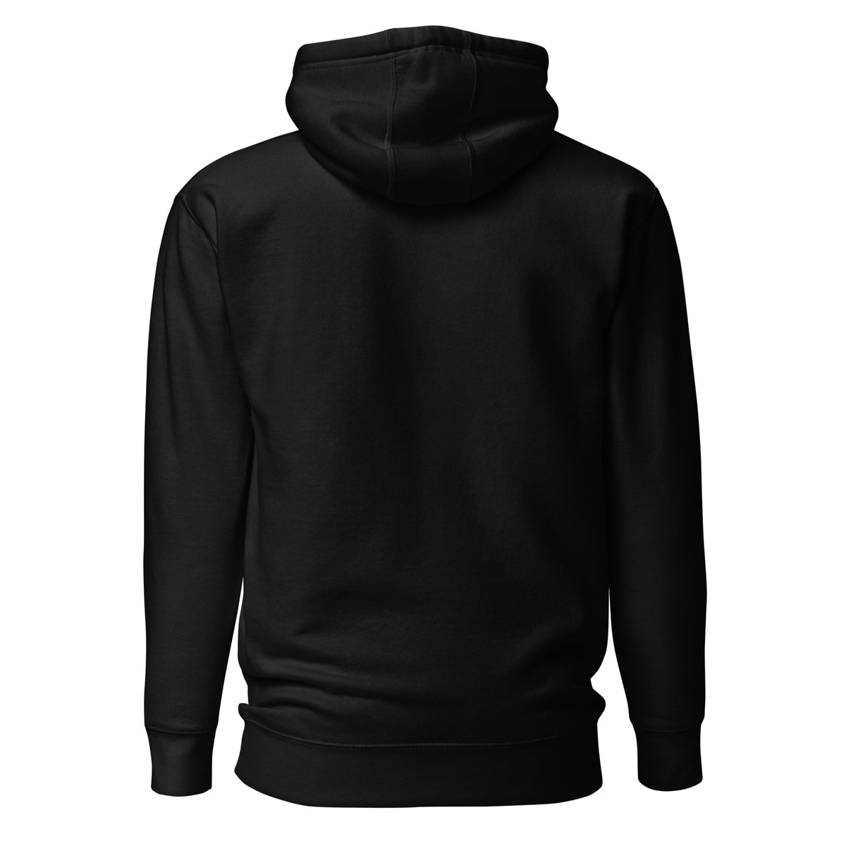 Plain back of black hoodie.