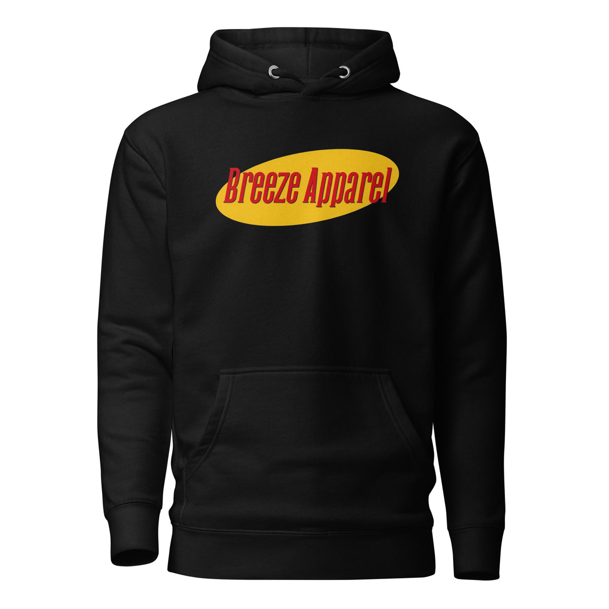 Black hoodie with graphic of red lettering set over a yellow oval.