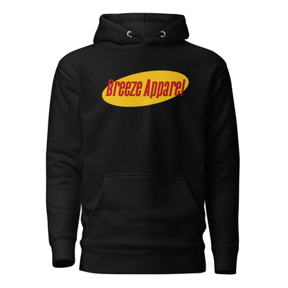 Black hoodie with graphic of red lettering set over a yellow oval.