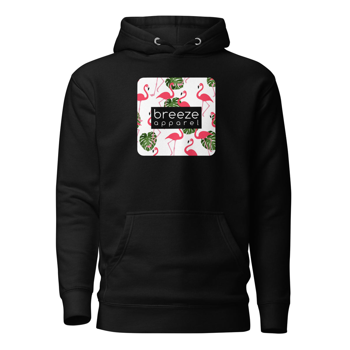 Black hoodie with graphic of flamingos and green palm leaves set on a white background and overlaid with a black, rectangular logo.