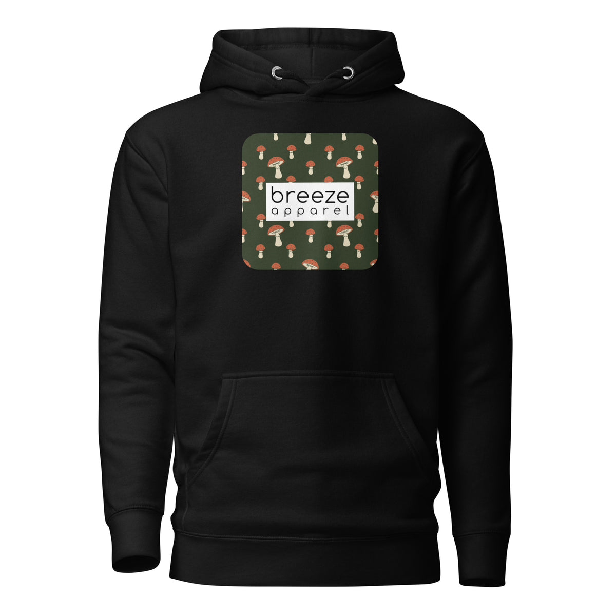 Black hoodie with graphic of mushrooms set on a green background and overlaid with a white, rectangular logo.